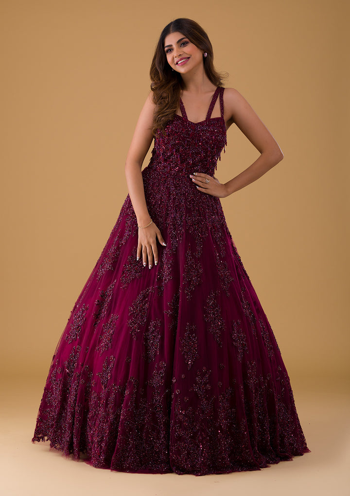 Wine Cutdana Net Gown-Koskii