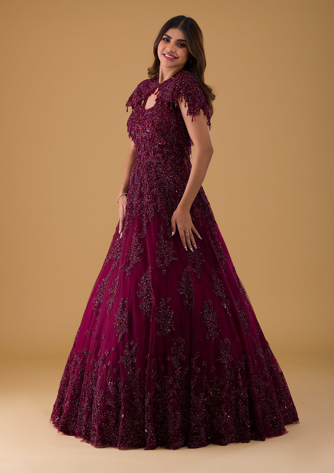 Wine Cutdana Net Gown-Koskii