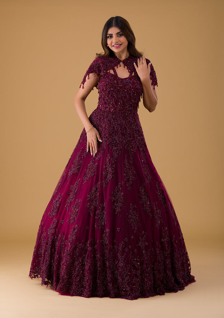 Wine Cutdana Net Gown-Koskii