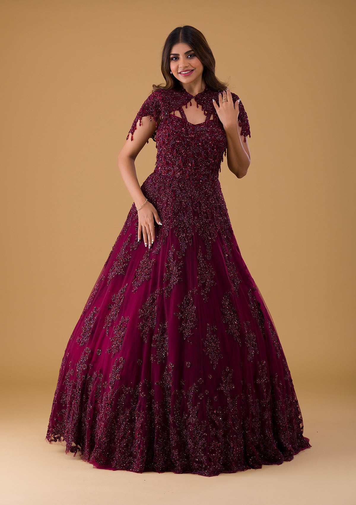 Mega Trail Gown Double Draped in Deep Wine color - Elated Wardrobe