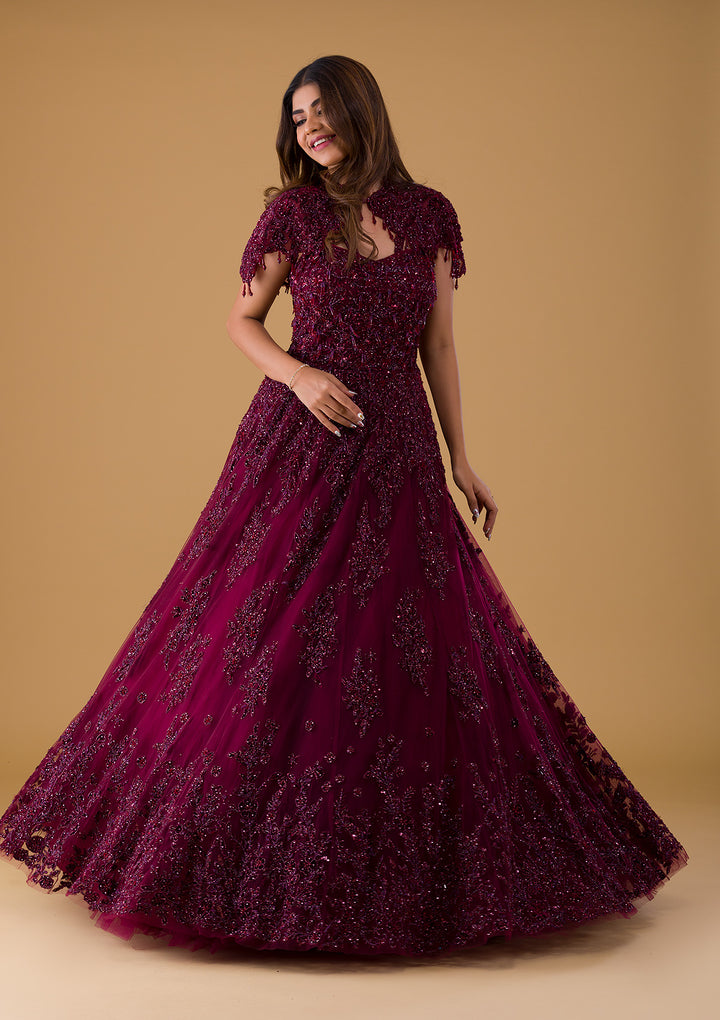 Wine Cutdana Net Gown-Koskii