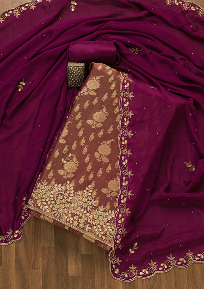 Wine Gotapatti Brocade Unstitched Salwar Suit-Koskii