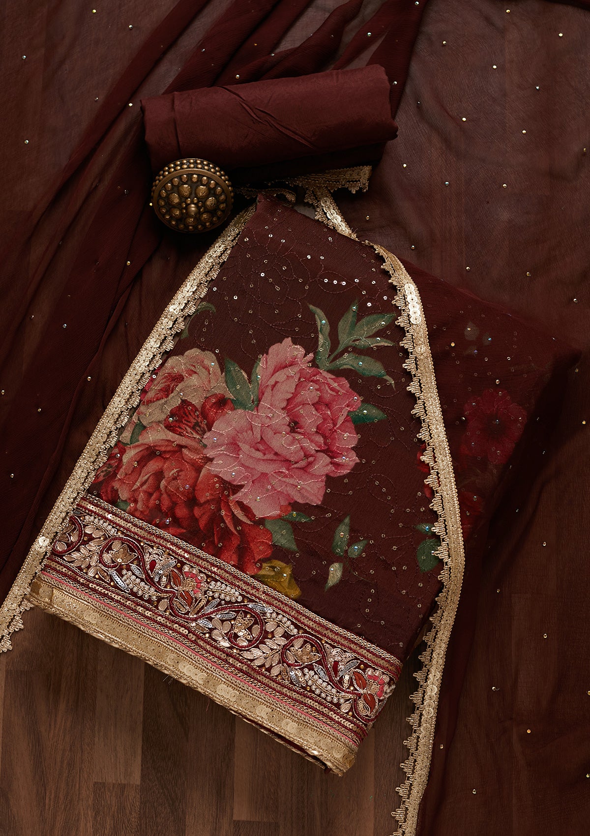 Wine Gotapatti Georgette Unstitched Salwar Suit- Koskii