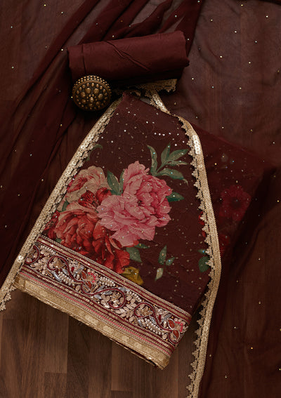 Wine Gotapatti Georgette Unstitched Salwar Suit- Koskii