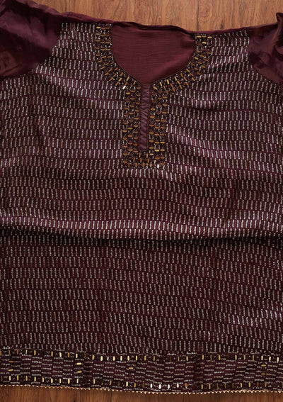 Wine Mirrorwork Semi Crepe Designer Semi-Stitched Salwar Suit - Koskii