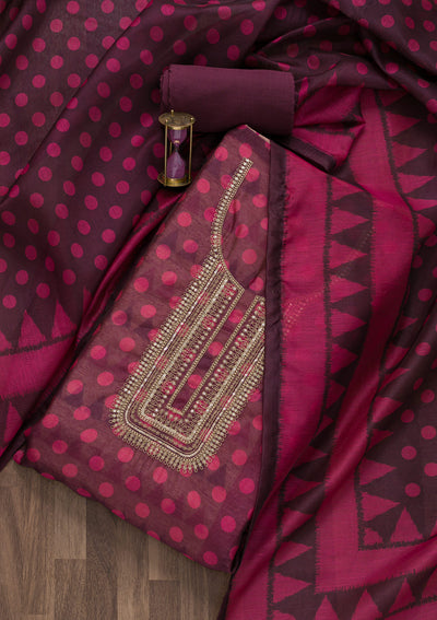 Wine Printed Art Silk Unstitched Salwar Suit-Koskii