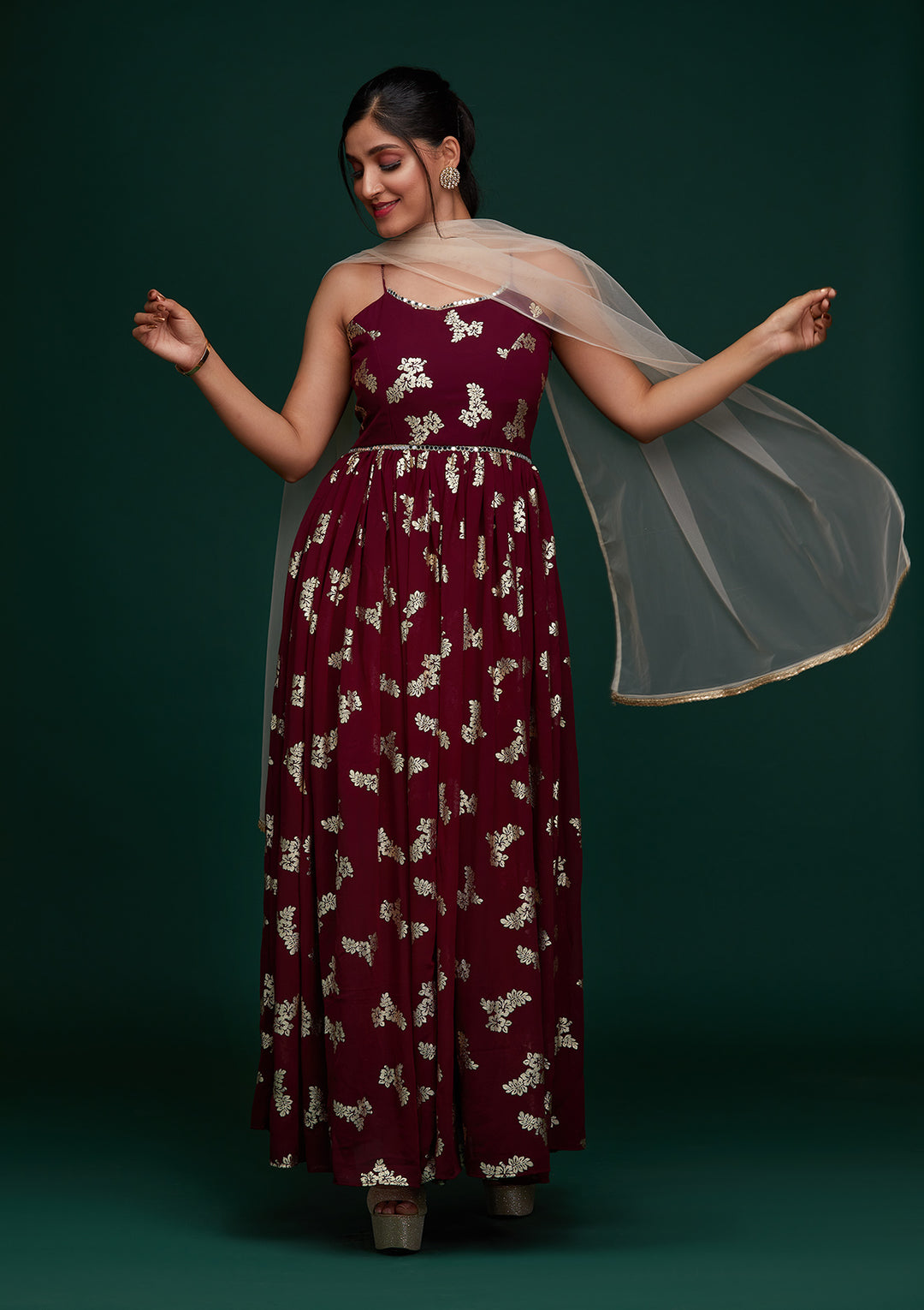 Wine Printed Georgette Designer Gown - Koskii