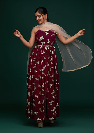 Wine Printed Georgette Designer Gown - Koskii