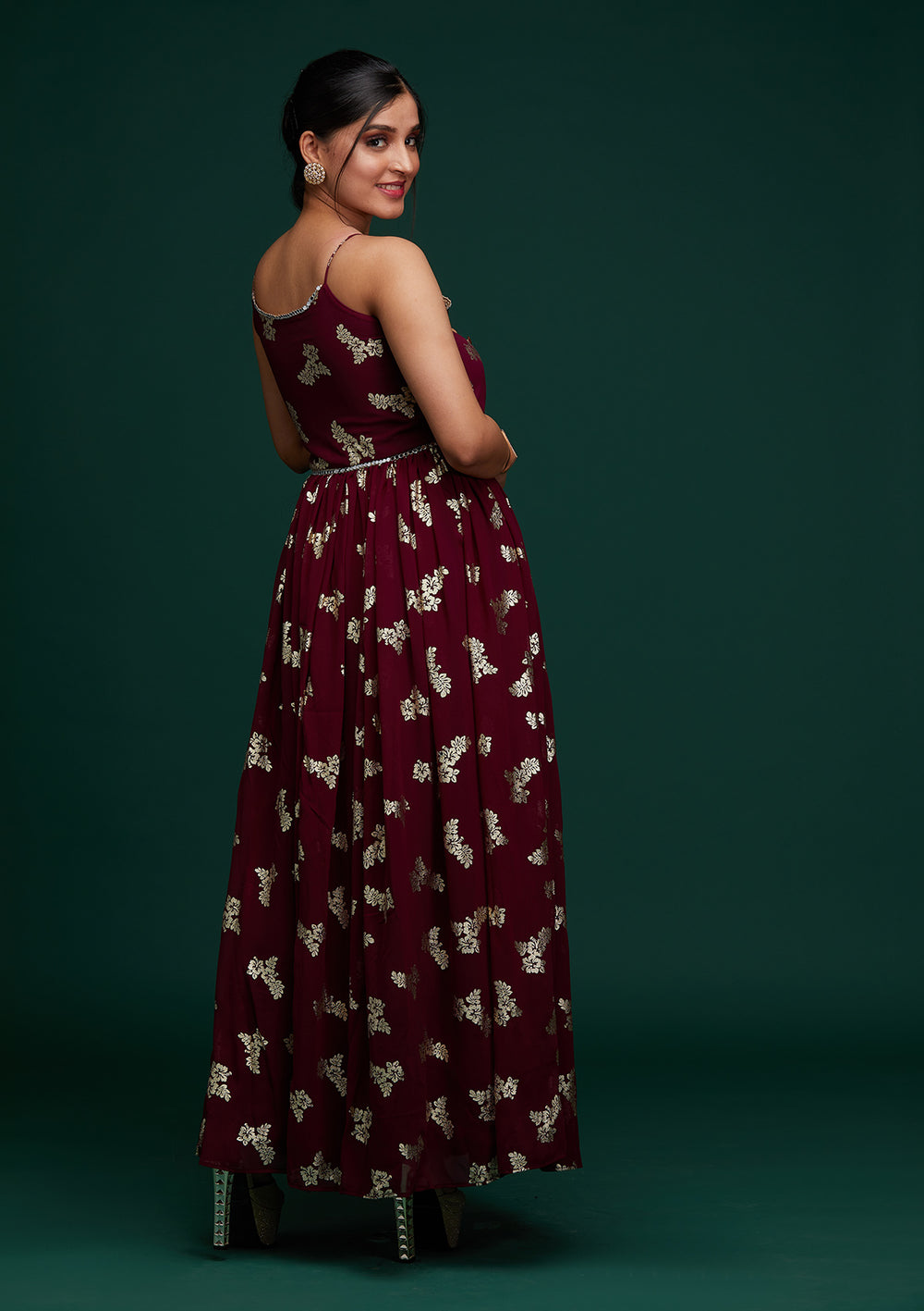 Wine Printed Georgette Designer Gown - Koskii