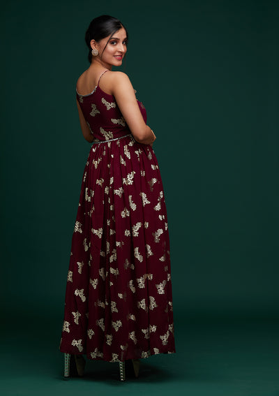 Wine Printed Georgette Designer Gown - Koskii