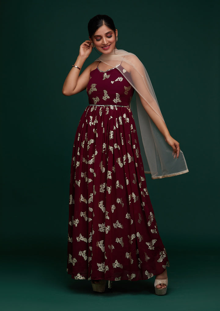 Wine Printed Georgette Designer Gown - Koskii