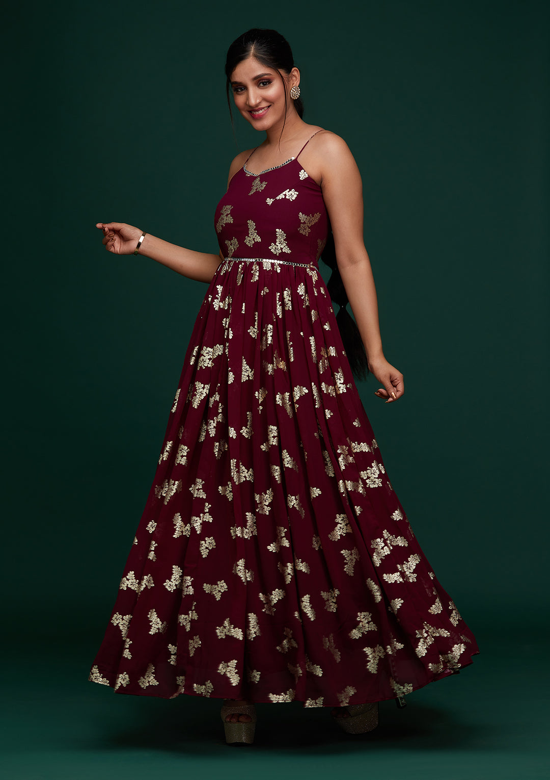 Wine Printed Georgette Designer Gown - Koskii