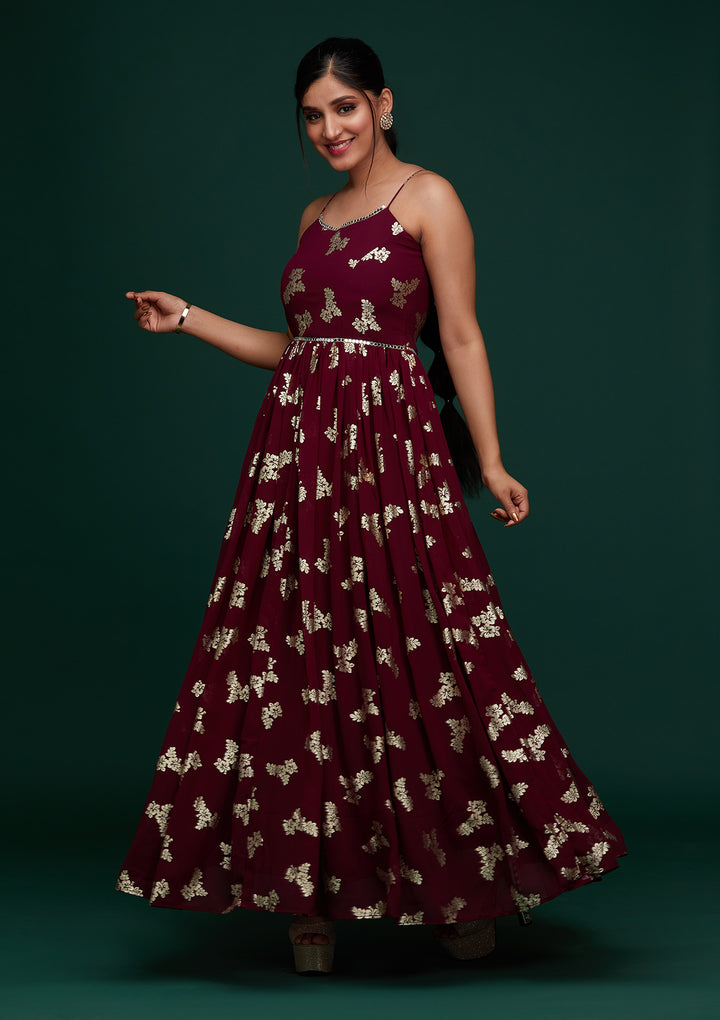 Wine Printed Georgette Designer Gown - Koskii