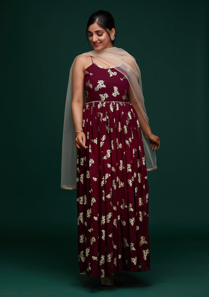 Wine Printed Georgette Designer Gown - Koskii