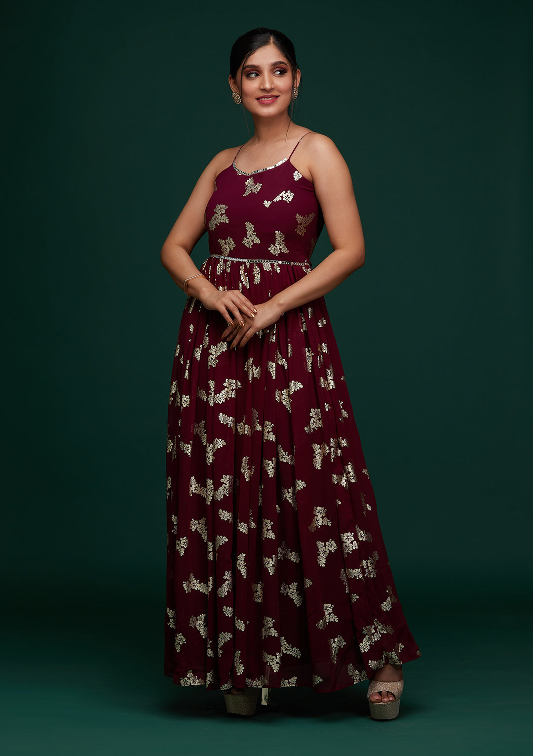 Wine Printed Georgette Designer Gown - Koskii
