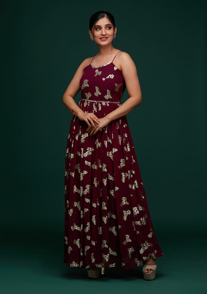 Wine Printed Georgette Designer Gown - Koskii