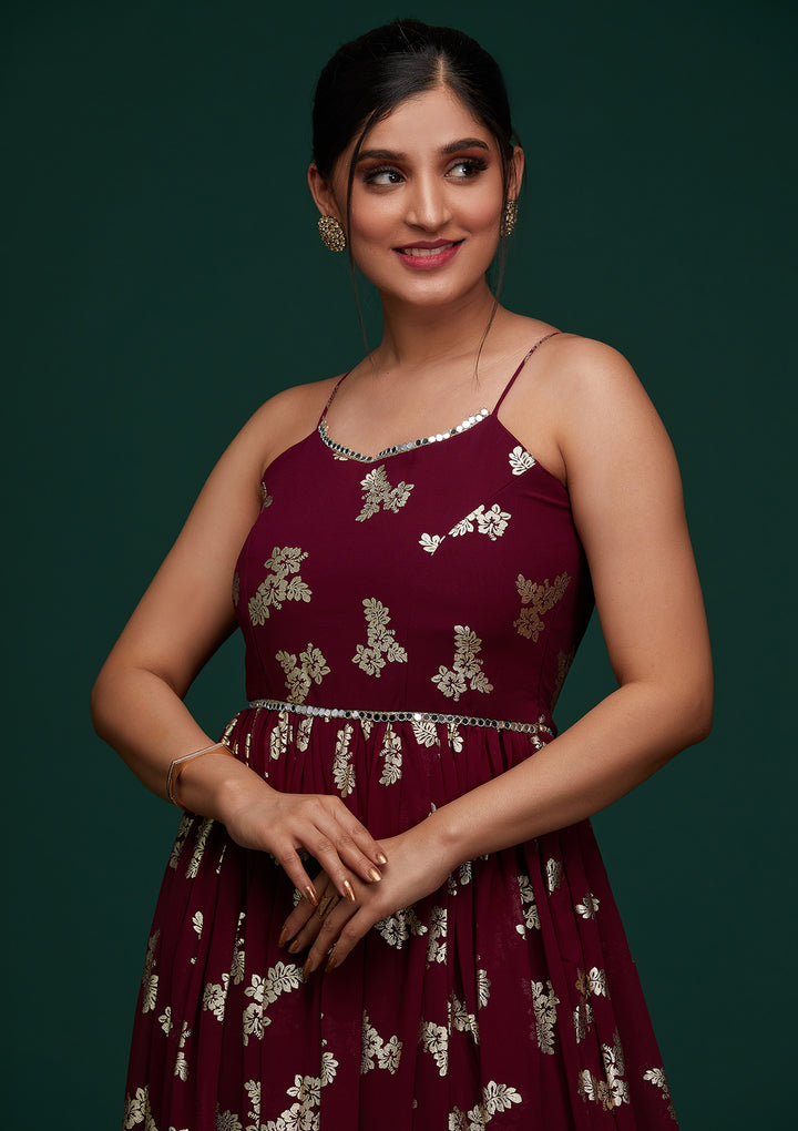 Wine Printed Georgette Designer Gown - Koskii