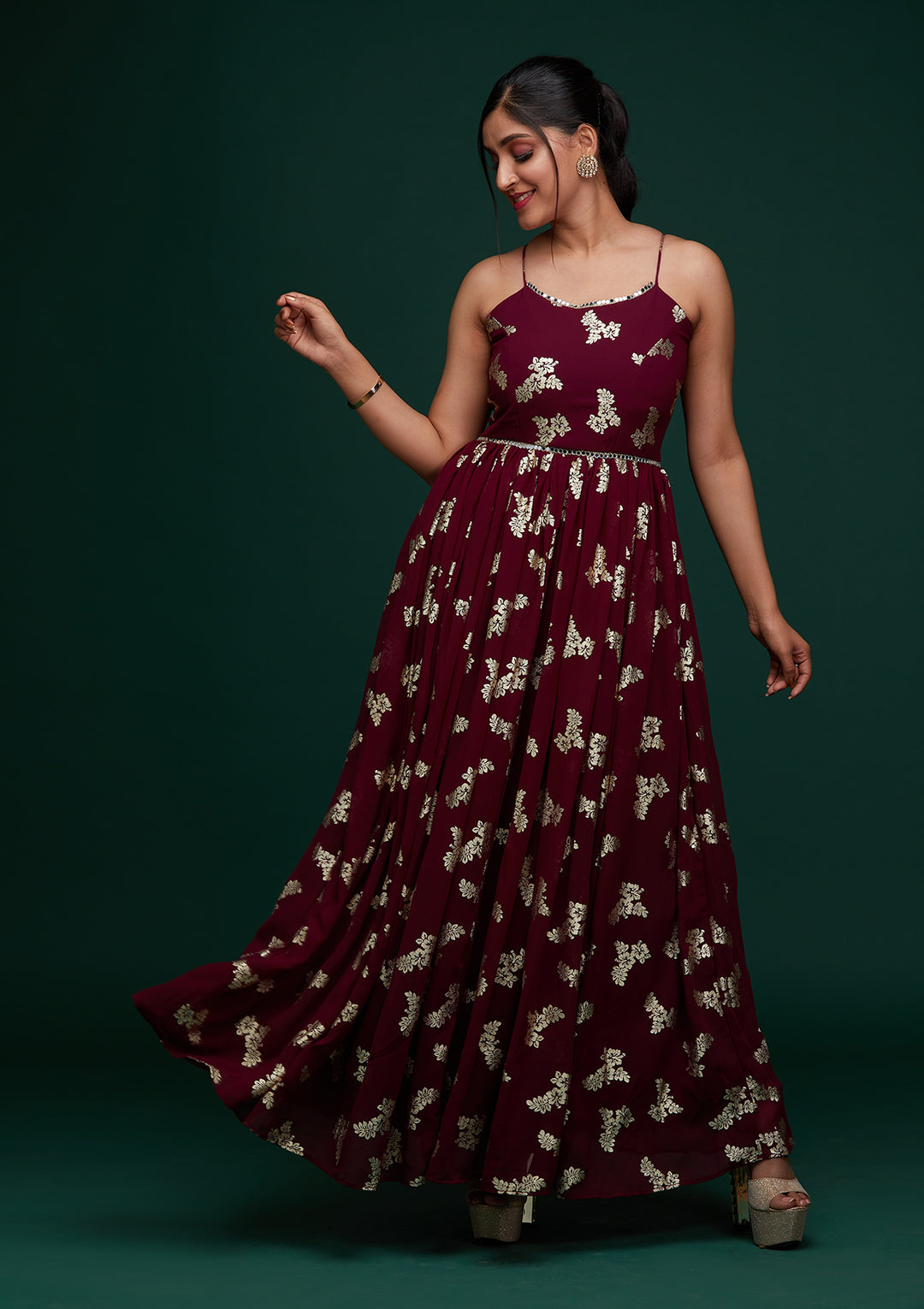 Wine Printed Georgette Designer Gown - Koskii