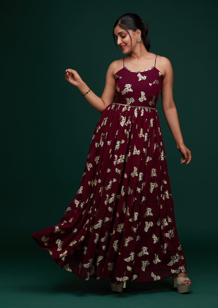 Wine Printed Georgette Designer Gown - Koskii