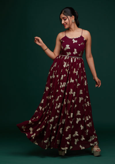 Wine Printed Georgette Designer Gown - Koskii