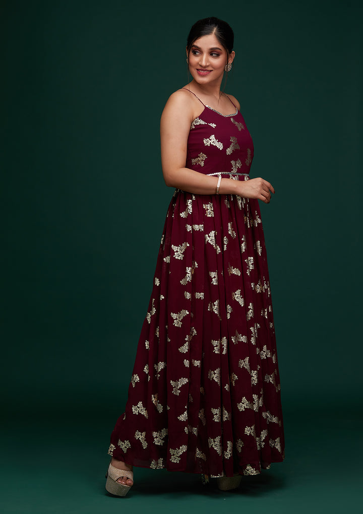 Wine Printed Georgette Designer Gown - Koskii