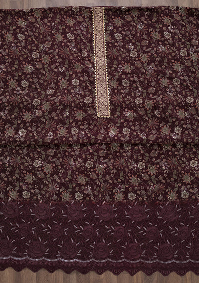 Wine Printed Semi Crepe Unstitched Salwar Suit-Koskii