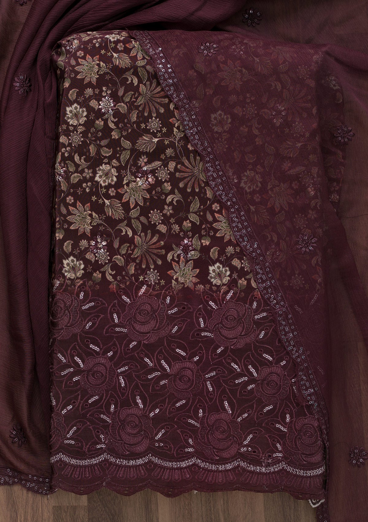Wine Printed Semi Crepe Unstitched Salwar Suit-Koskii
