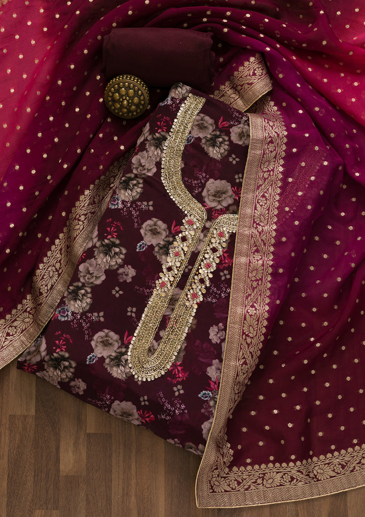 Wine Printed Tissue Unstitched Salwar Suit-Koskii