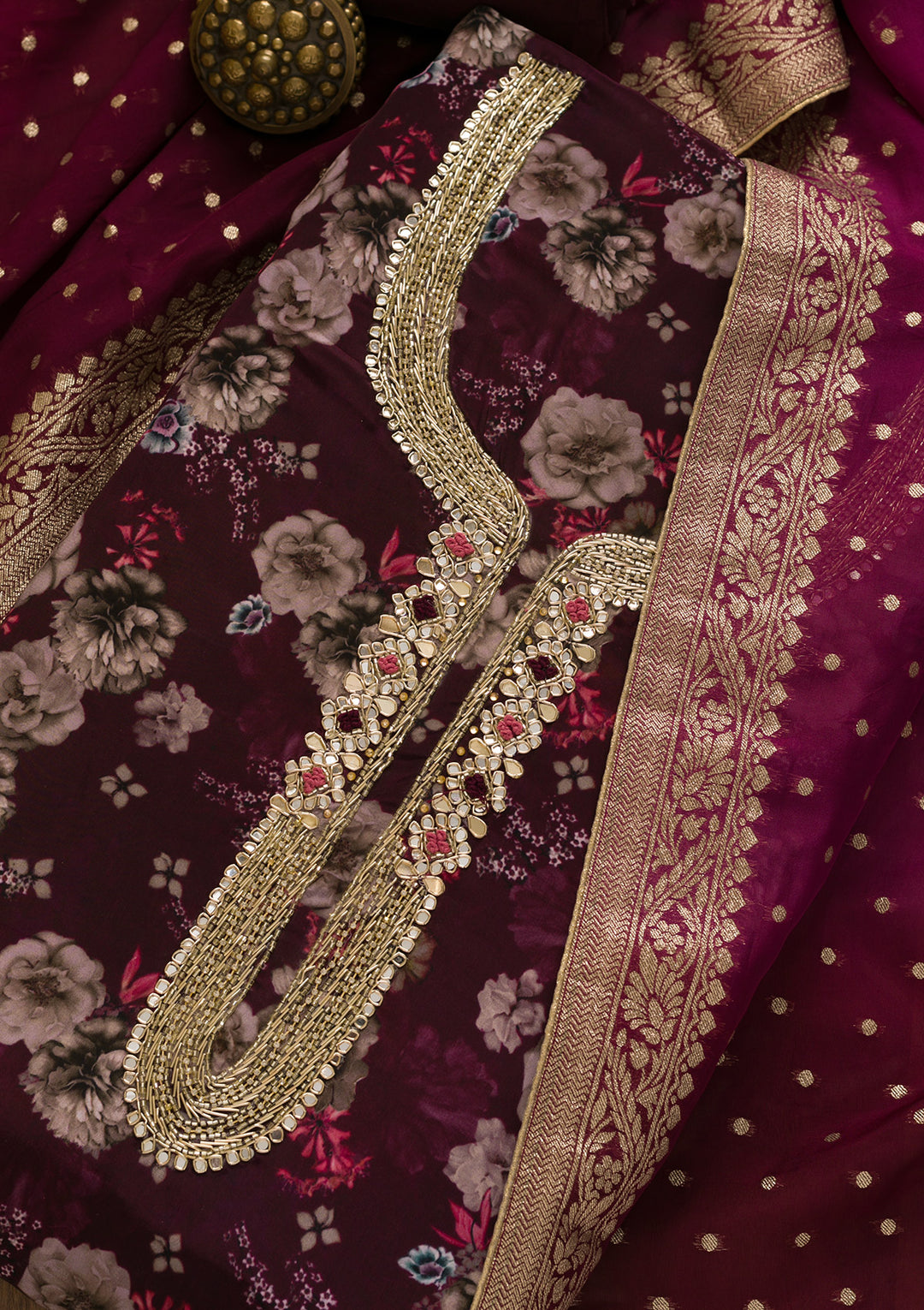 Wine Printed Tissue Unstitched Salwar Suit-Koskii