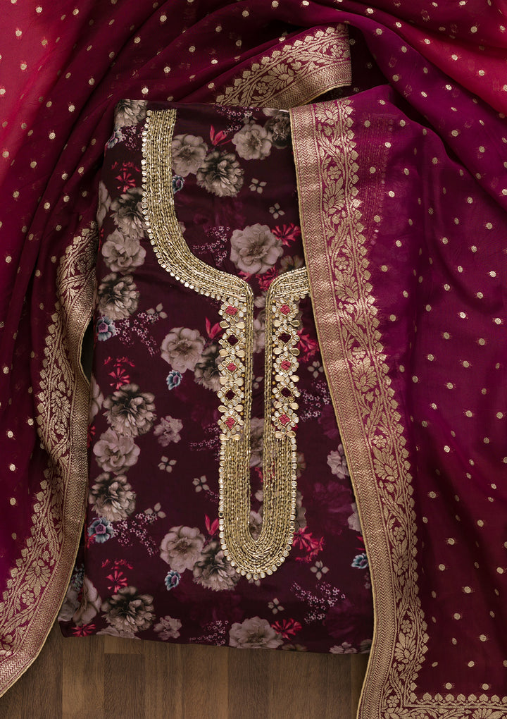 Wine Printed Tissue Unstitched Salwar Suit-Koskii