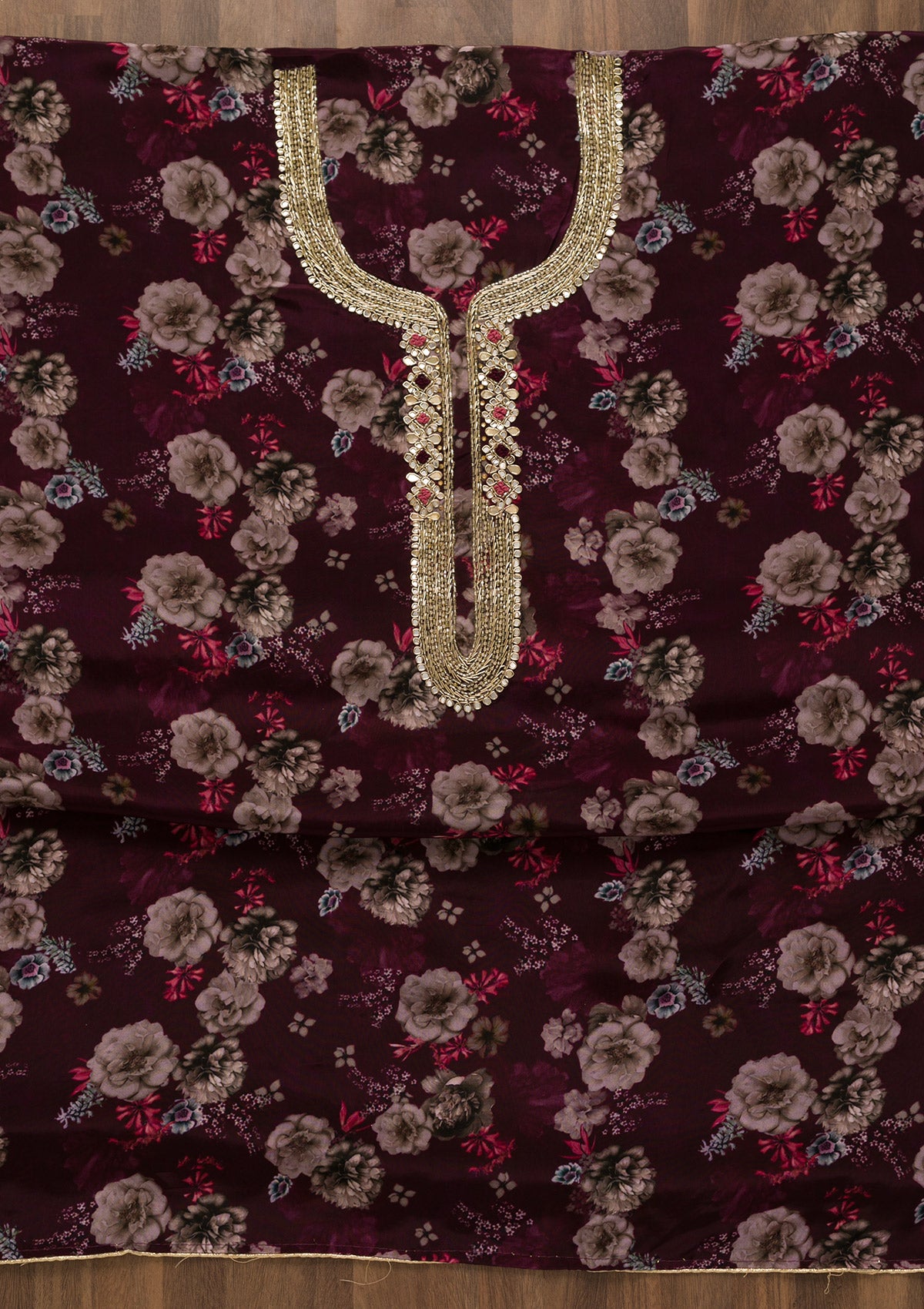 Wine Printed Tissue Unstitched Salwar Suit-Koskii