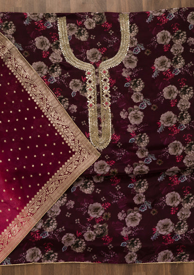 Wine Printed Tissue Unstitched Salwar Suit-Koskii