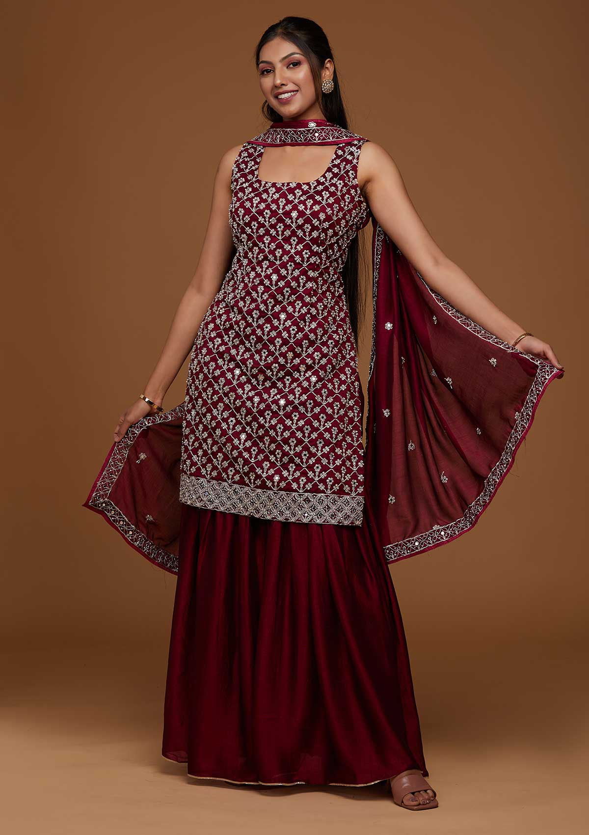 Wine Silver Zariwork Raw Silk Designer Salwar Suit - Koskii