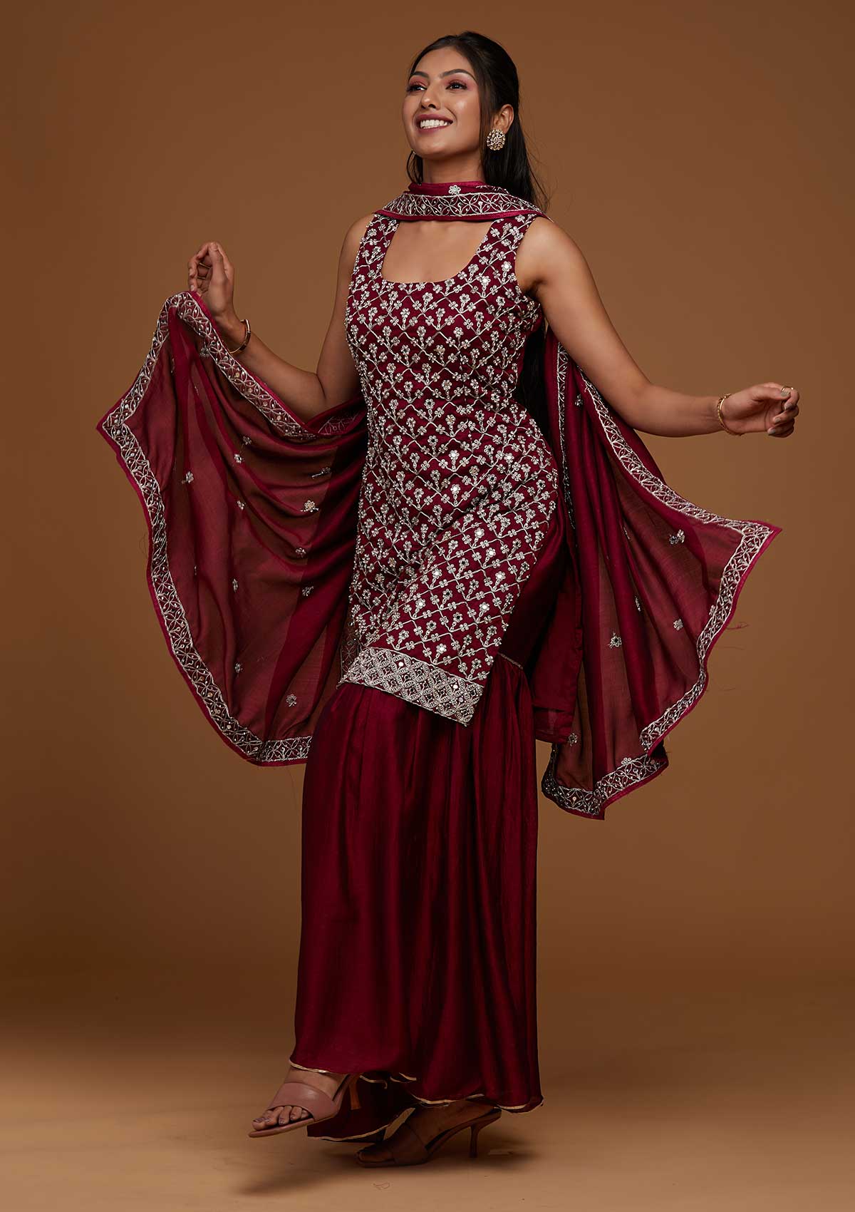 Wine Silver Zariwork Raw Silk Designer Salwar Suit-Koskii