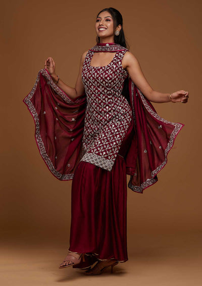 Wine Silver Zariwork Raw Silk Designer Salwar Suit-Koskii