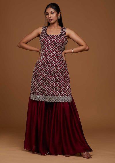Wine Silver Zariwork Raw Silk Designer Salwar Suit-Koskii
