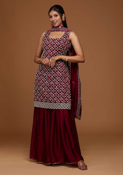 Wine Silver Zariwork Raw Silk Designer Salwar Suit-Koskii