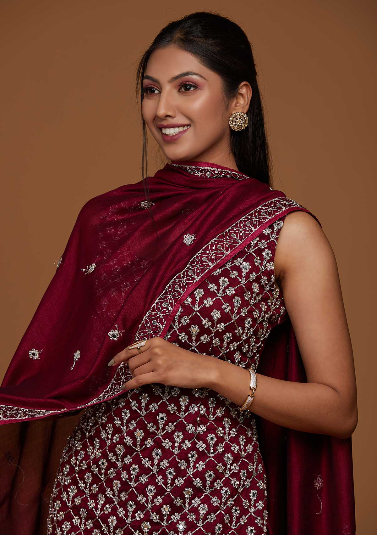 Wine Silver Zariwork Raw Silk Designer Salwar Suit-Koskii