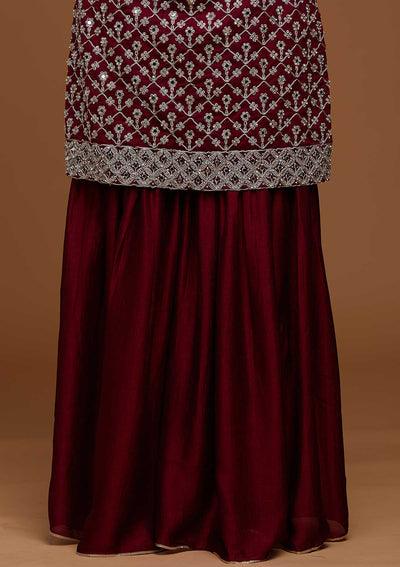 Wine Silver Zariwork Raw Silk Designer Salwar Suit-Koskii