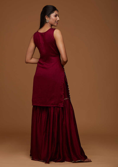 Wine Silver Zariwork Raw Silk Designer Salwar Suit-Koskii