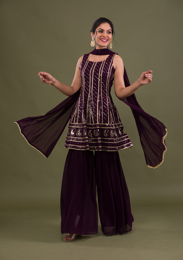 Wine Sequins Georgette Readymade Salwar Suit-Koskii