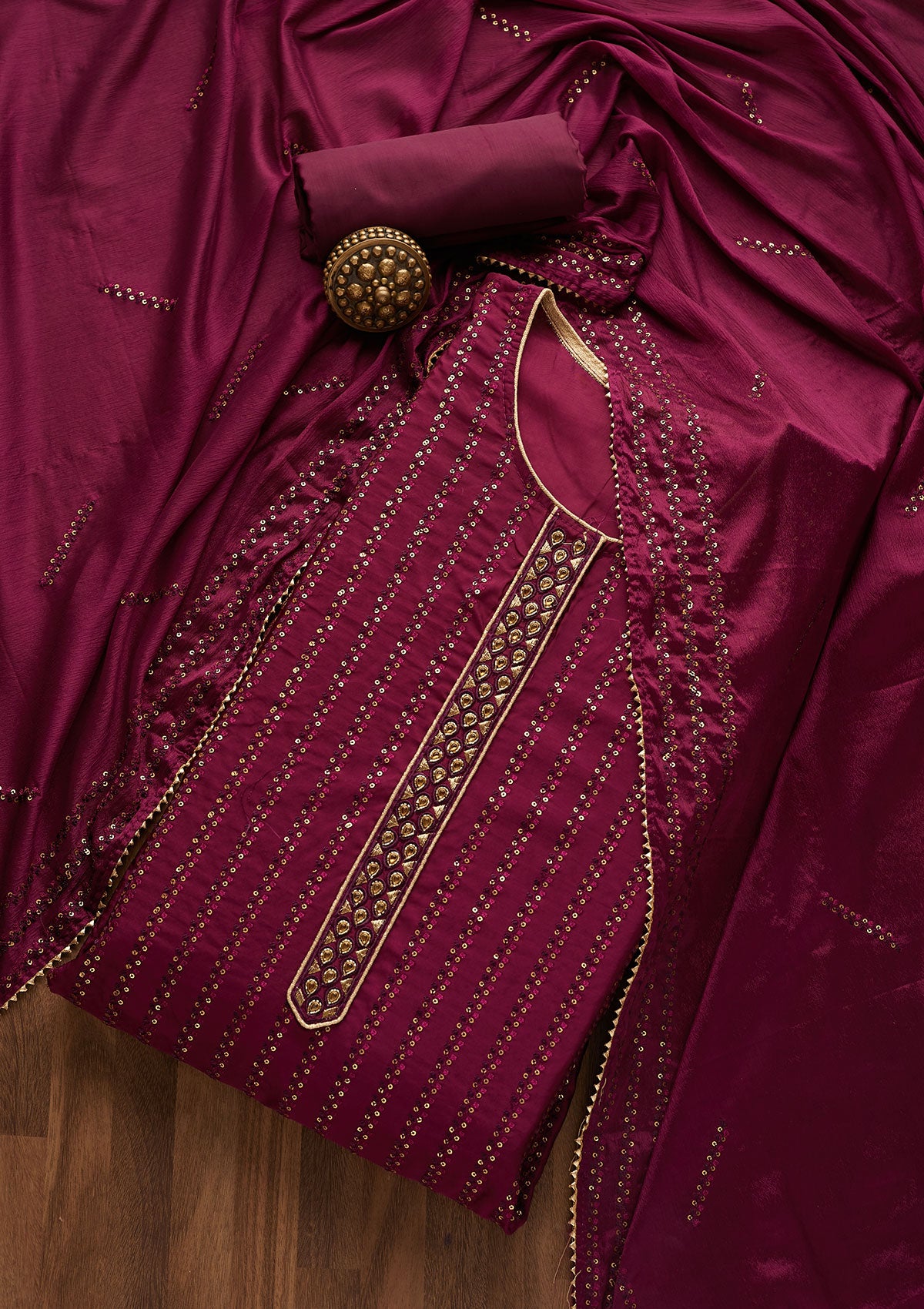 Wine Sequins Georgette Designer Semi-Stitched Salwar Suit - Koskii
