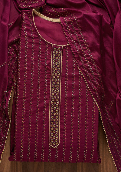 Wine Sequins Georgette Designer Semi-Stitched Salwar Suit - Koskii