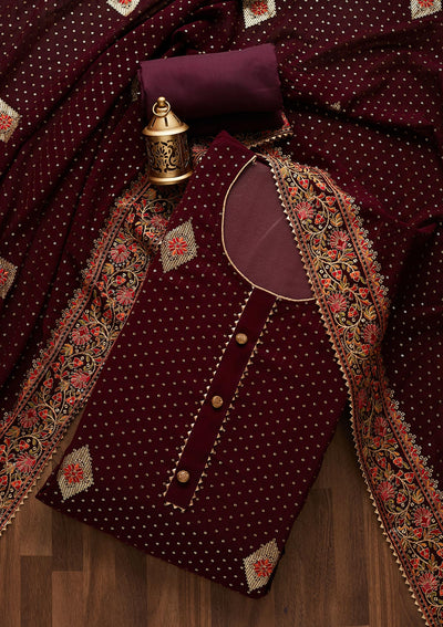 Wine Sequins Georgette Designer Unstitched Salwar Suit - Koskii