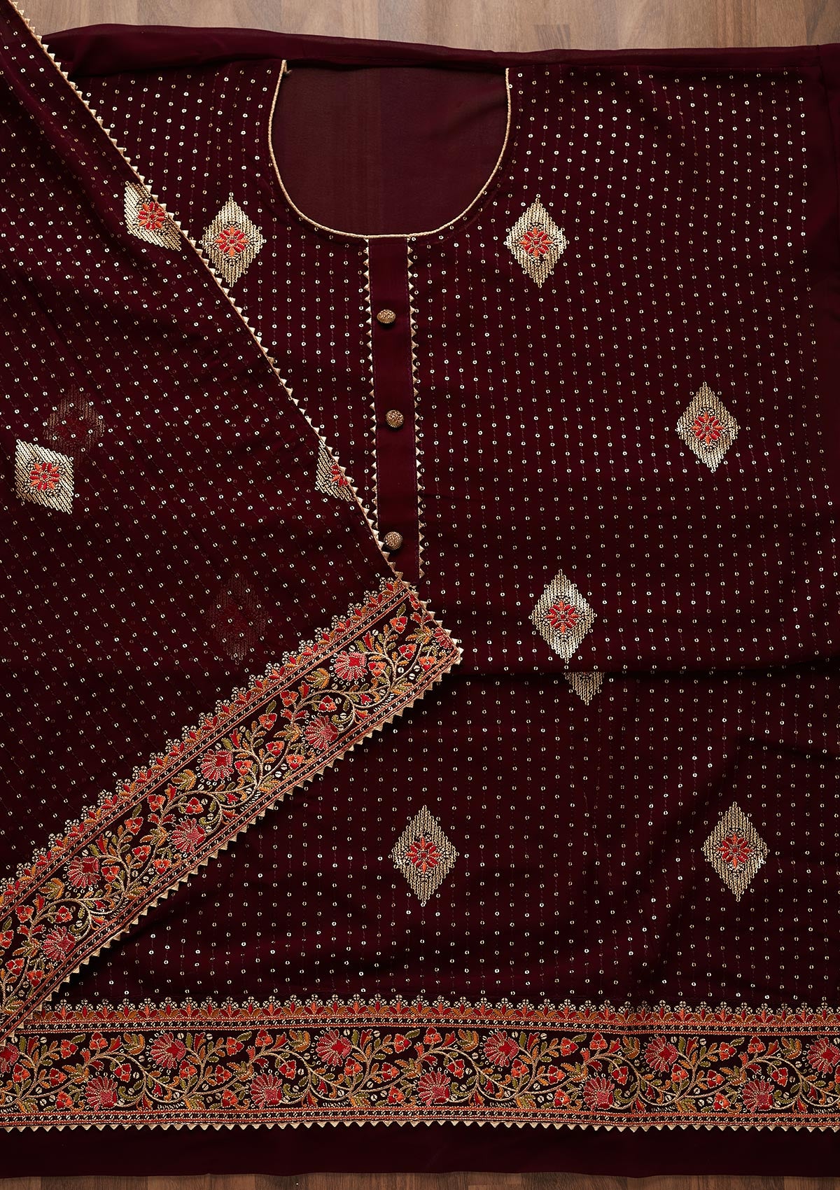 Wine Sequins Georgette Designer Unstitched Salwar Suit - Koskii