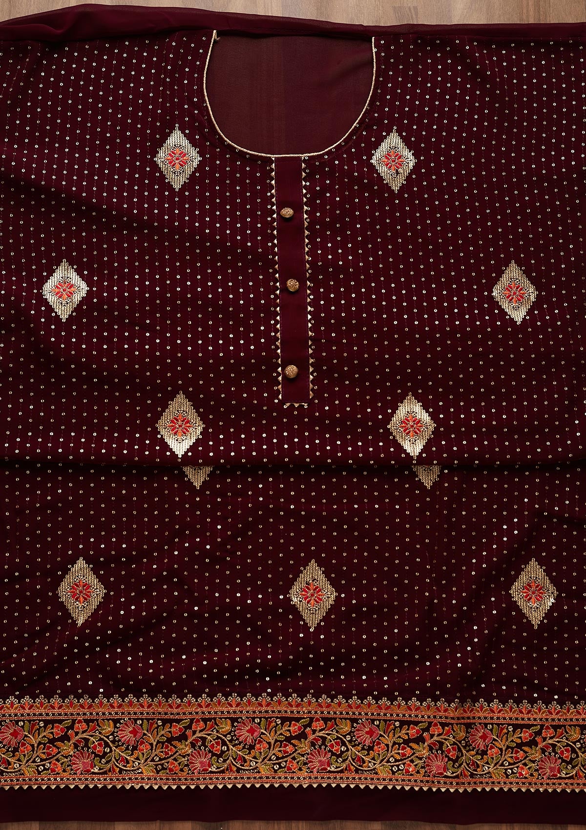 Wine Sequins Georgette Designer Unstitched Salwar Suit - Koskii