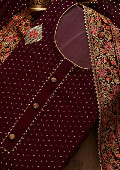 Wine Sequins Georgette Designer Unstitched Salwar Suit - Koskii
