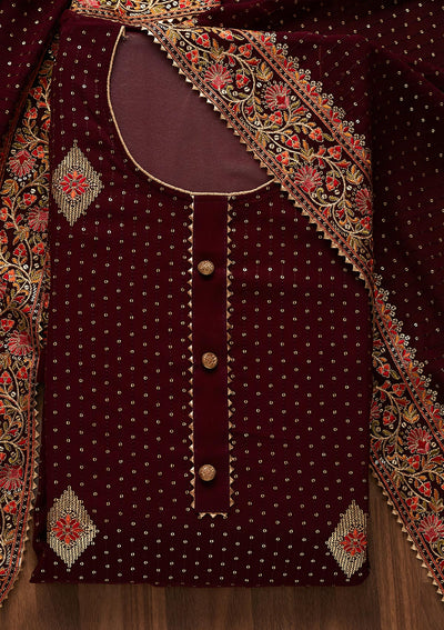 Wine Sequins Georgette Designer Unstitched Salwar Suit - Koskii