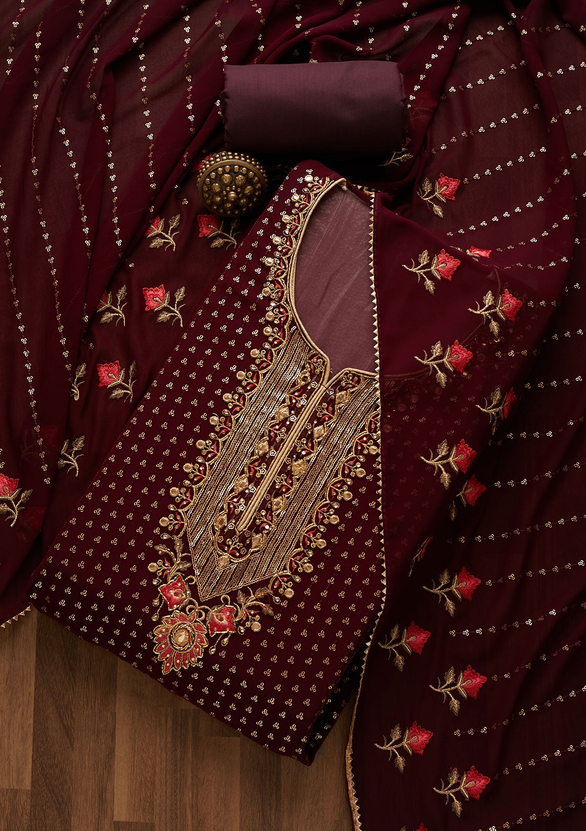 Wine Sequins Georgette Unstitched Salwar Suit-Koskii