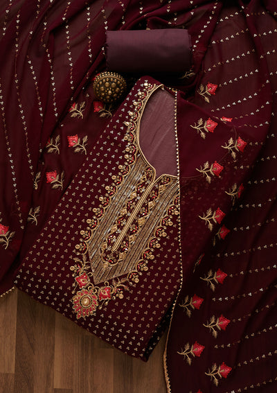 Wine Sequins Georgette Unstitched Salwar Suit-Koskii